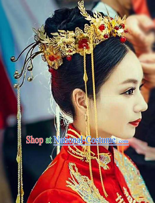 Chinese Traditional Wedding Xiuhe Suit Phoenix Coronet Hair Accessories Ancient Hairpins Complete Set for Women