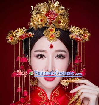 Chinese Traditional Wedding Xiuhe Suit Phoenix Coronet Hair Accessories Ancient Hairpins Complete Set for Women