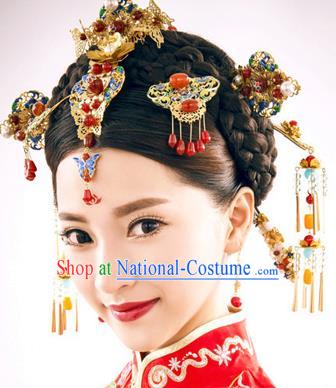 Chinese Traditional Wedding Blueing Hair Clips Xiuhe Suit Hair Accessories Ancient Hairpins Complete Set for Women