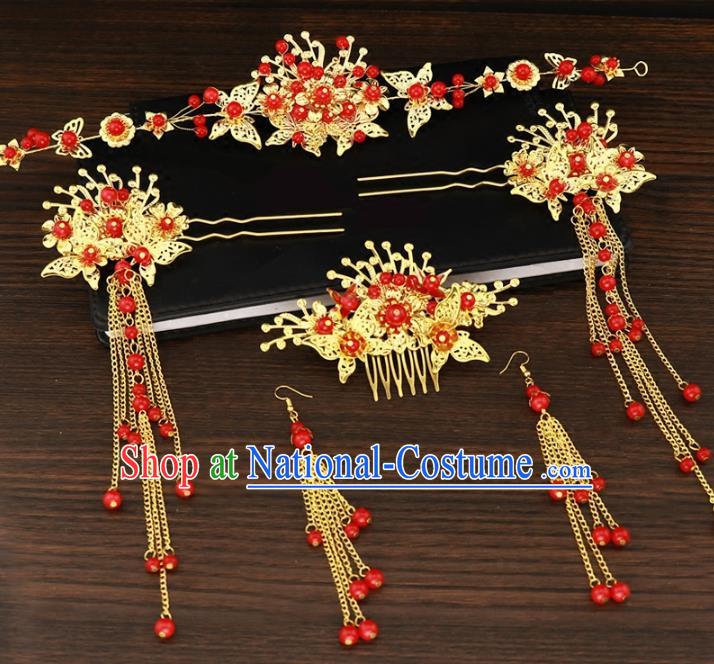 Chinese Traditional Wedding Xiuhe Suit Red Beads Hair Accessories Ancient Hairpins Complete Set for Women