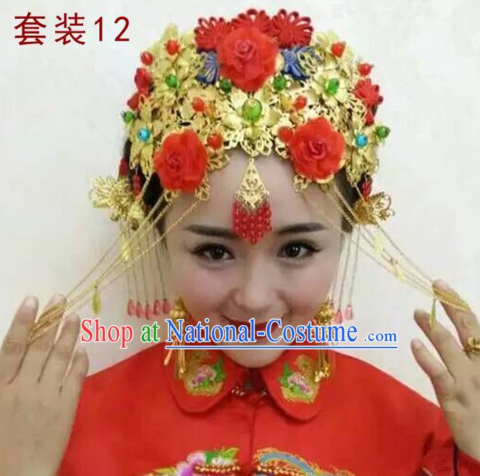 Chinese Traditional Wedding Xiuhe Suit Hair Accessories Ancient Hairpins Tassel Phoenix Coronet Complete Set for Women