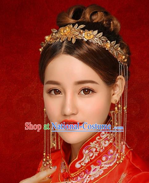 Chinese Traditional Xiuhe Suit Hair Accessories Ancient Golden Phoenix Coronet Hairpins Complete Set for Women