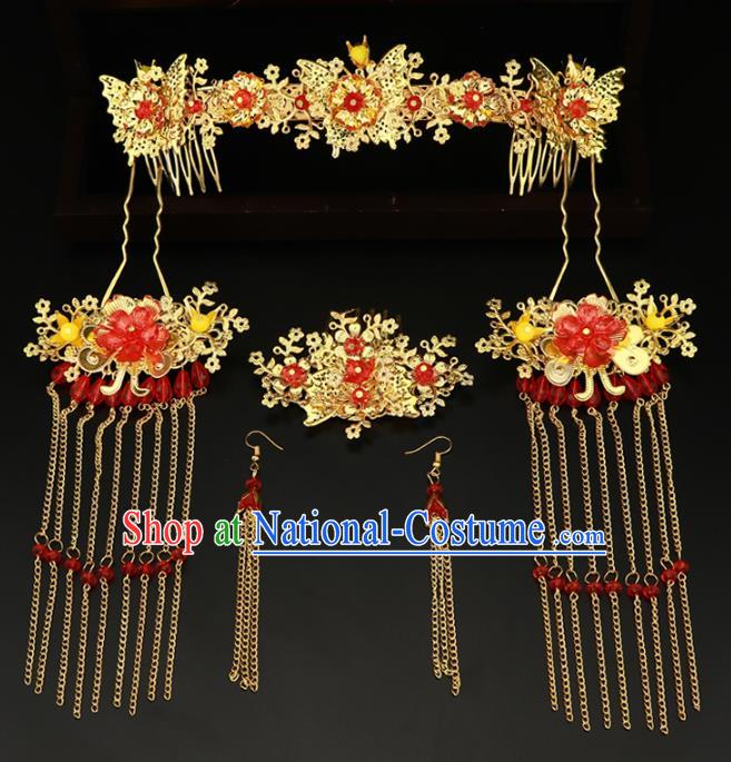 Chinese Traditional Xiuhe Suit Hair Accessories Ancient Golden Hair Comb Hairpins Complete Set for Women