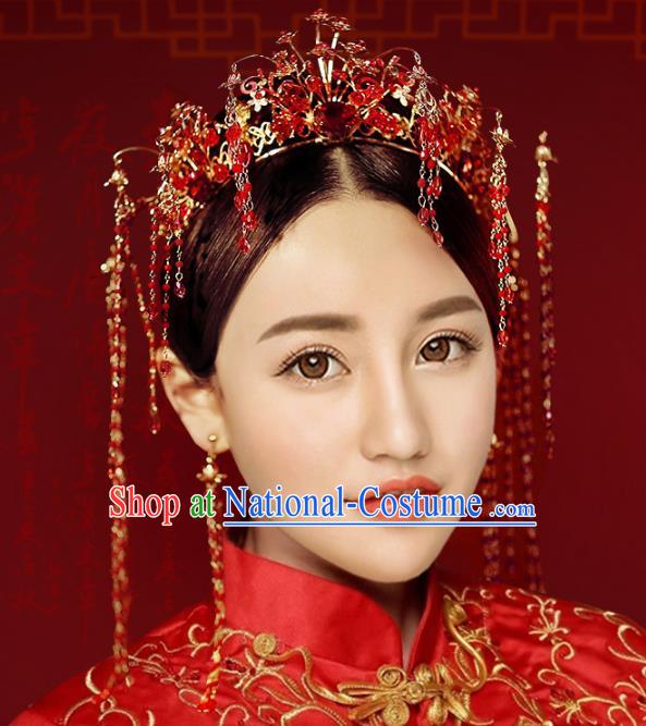 Chinese Traditional Xiuhe Suit Hair Accessories Ancient Red Crystal Phoenix Coronet Hairpins for Women