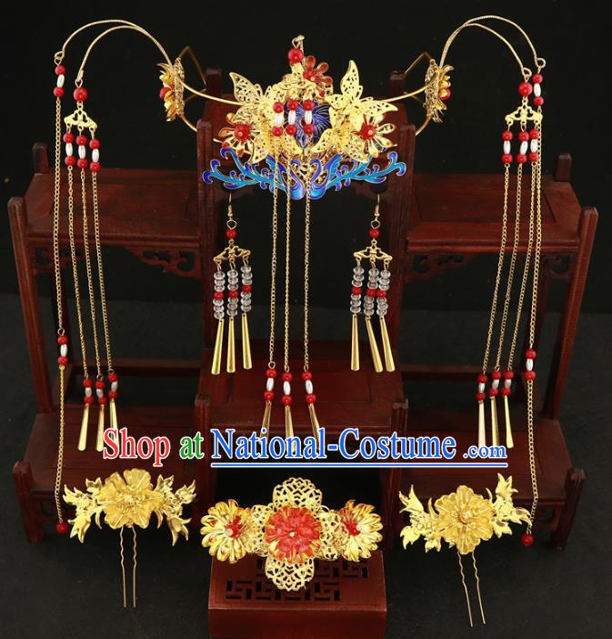 Chinese Traditional Xiuhe Suit Hair Accessories Ancient Empress Blueing Phoenix Coronet Hairpins Complete Set for Women