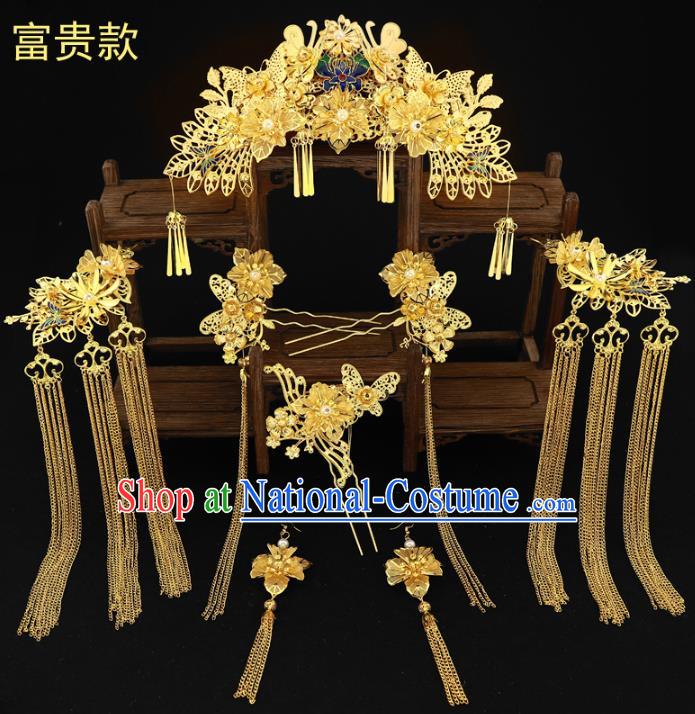 Chinese Traditional Xiuhe Suit Hair Accessories Complete Set Ancient Empress Blueing Phoenix Coronet Hairpins for Women