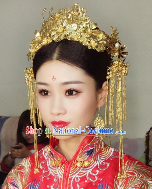 Chinese Traditional Hair Accessories Complete Set Ancient Xiuhe Suit Golden Phoenix Coronet Hairpins for Women