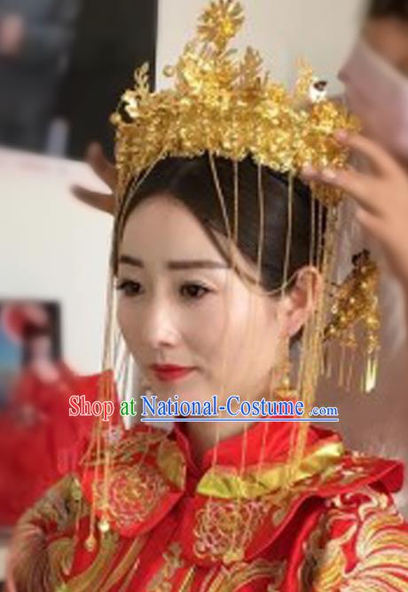 Chinese Traditional Hair Accessories Ancient Xiuhe Suit Golden Phoenix Coronet Hairpins Complete Set for Women