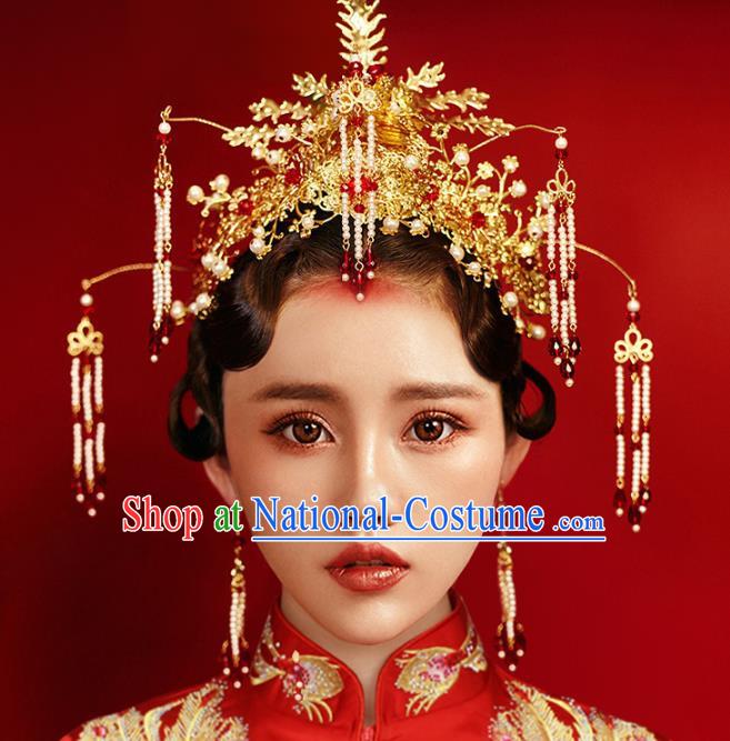 Chinese Traditional Hair Accessories Pearls Tassel Phoenix Coronet Ancient Xiuhe Suit Hairpins Complete Set for Women