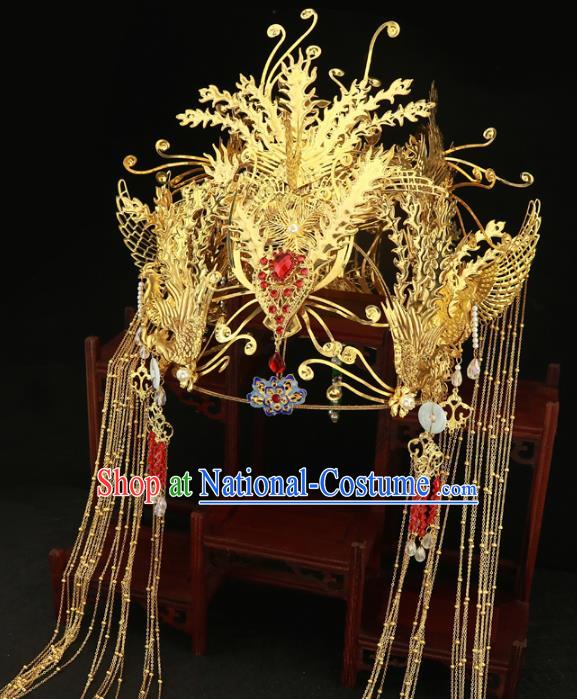 Chinese Traditional Hair Accessories Golden Tassel Phoenix Coronet Ancient Xiuhe Suit Hairpins Complete Set for Women