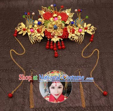 Chinese Traditional Hair Accessories Ancient Hairpins Red Beads Tassel Phoenix Coronet for Women