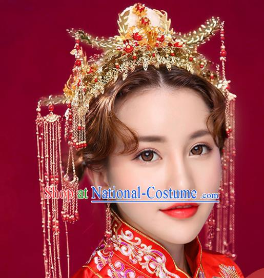 Chinese Traditional Xiuhe Suit Hair Accessories Ancient Handmade Jade Phoenix Coronet Hairpins for Women