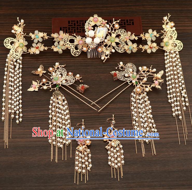 Chinese Traditional Xiuhe Suit Hair Accessories Ancient Handmade Pearls Hairpins Complete Set for Women