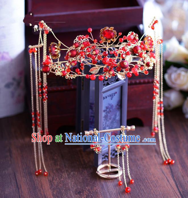 Chinese Traditional Handmade Hair Accessories Ancient Red Crystal Phoenix Coronet Tassel Hairpins for Women