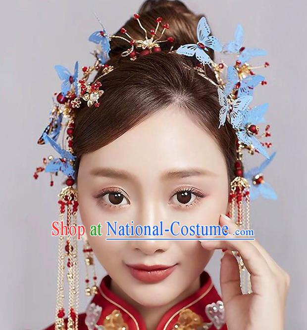 Chinese Traditional Handmade Hair Accessories Ancient Blue Butterfly Phoenix Coronet Hairpins Complete Set for Women