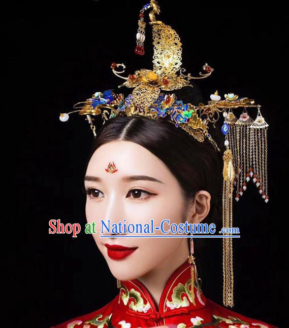 Chinese Ancient Handmade Hair Accessories Traditional Cloisonne Phoenix Coronet Hairpins for Women