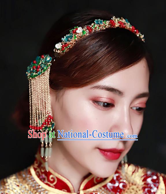 Chinese Ancient Handmade Hair Accessories Traditional Xiuhe Suit Cloisonne Hair Clasp Tassel Hairpins for Women