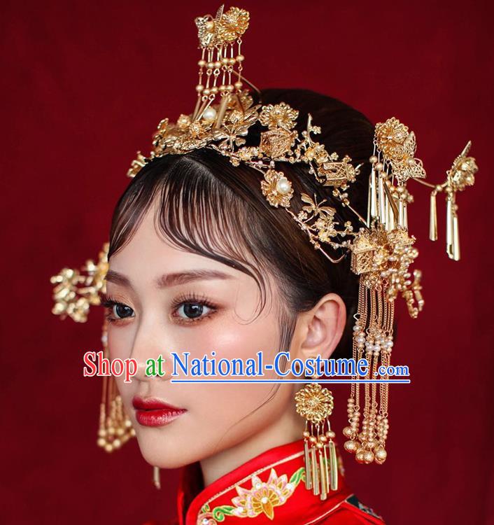 Chinese Ancient Handmade Hair Accessories Phoenix Coronet Traditional Xiuhe Suit Tassel Hairpins for Women