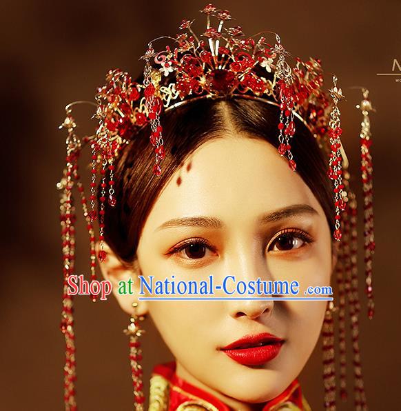 Chinese Ancient Handmade Red Crystal Phoenix Coronet Hair Accessories Traditional Xiuhe Suit Hairpins for Women