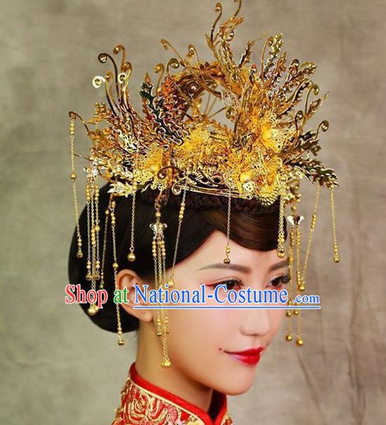 Chinese Ancient Handmade Xiuhe Suit Golden Phoenix Coronet Traditional Hairpins Hair Accessories for Women