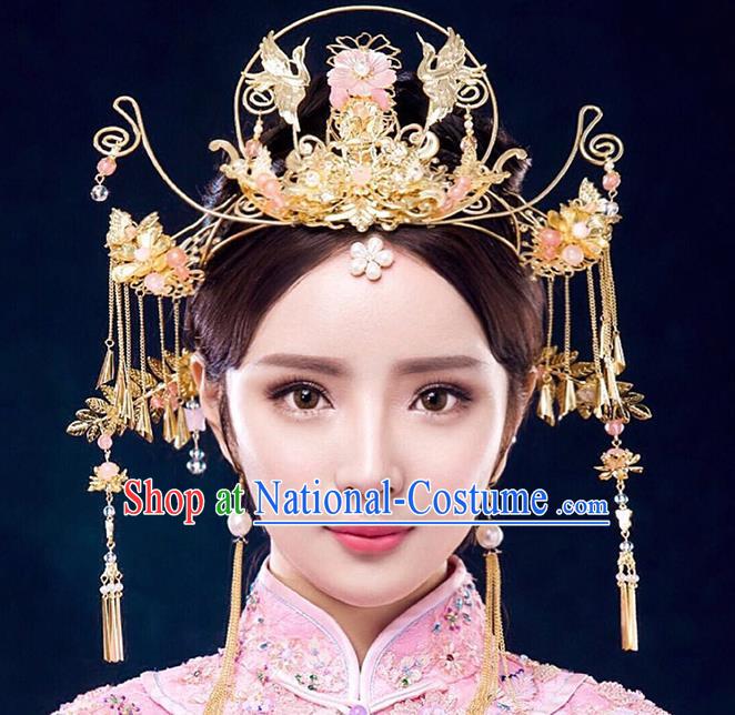 Chinese Ancient Handmade Xiuhe Suit Phoenix Coronet Traditional Tassel Hairpins Hair Accessories for Women