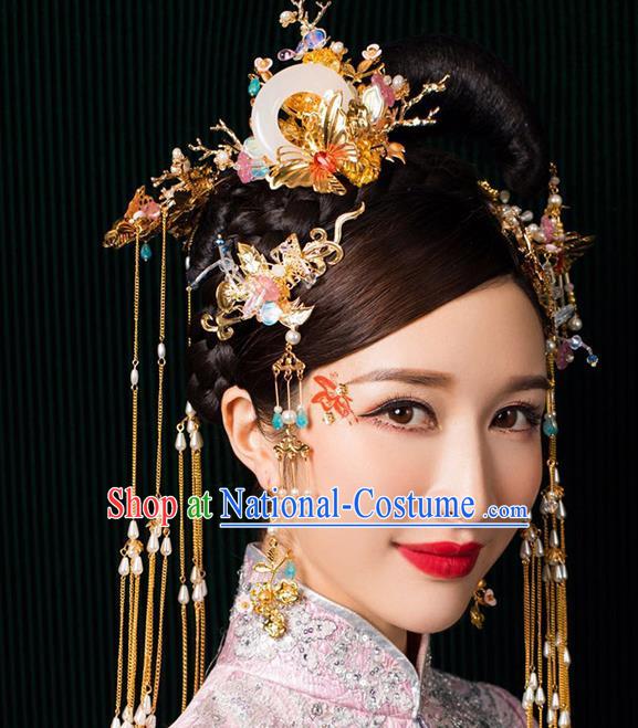 Chinese Ancient Handmade Phoenix Coronet Traditional Xiuhe Suit Jade Hairpins Hair Accessories for Women