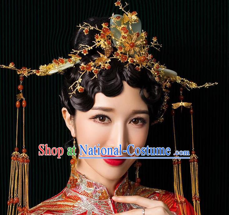 Chinese Ancient Handmade Jade Phoenix Coronet Traditional Xiuhe Suit Hairpins Hair Accessories for Women