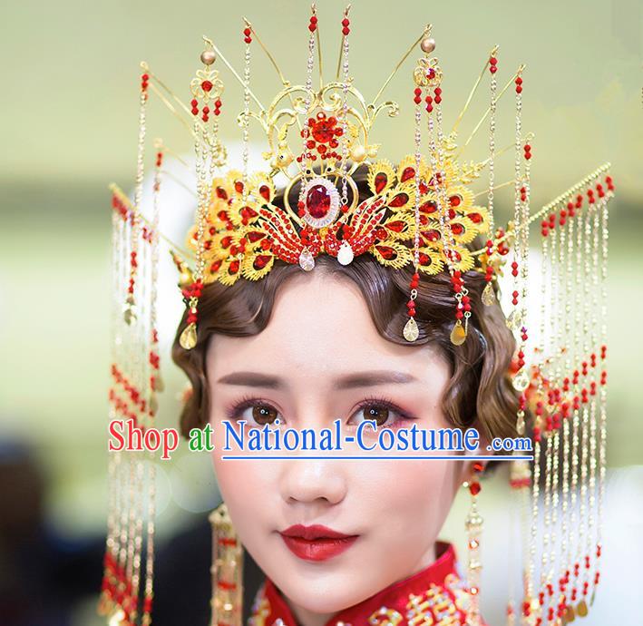 Chinese Ancient Handmade Hair Accessories Bride Phoenix Coronet Traditional Hairpins Complete Set for Women