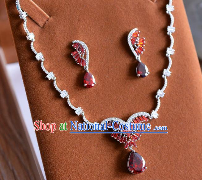 Top Grade Handmade Wedding Jewelry Accessories Red Zircon Necklace and Earrings for Women