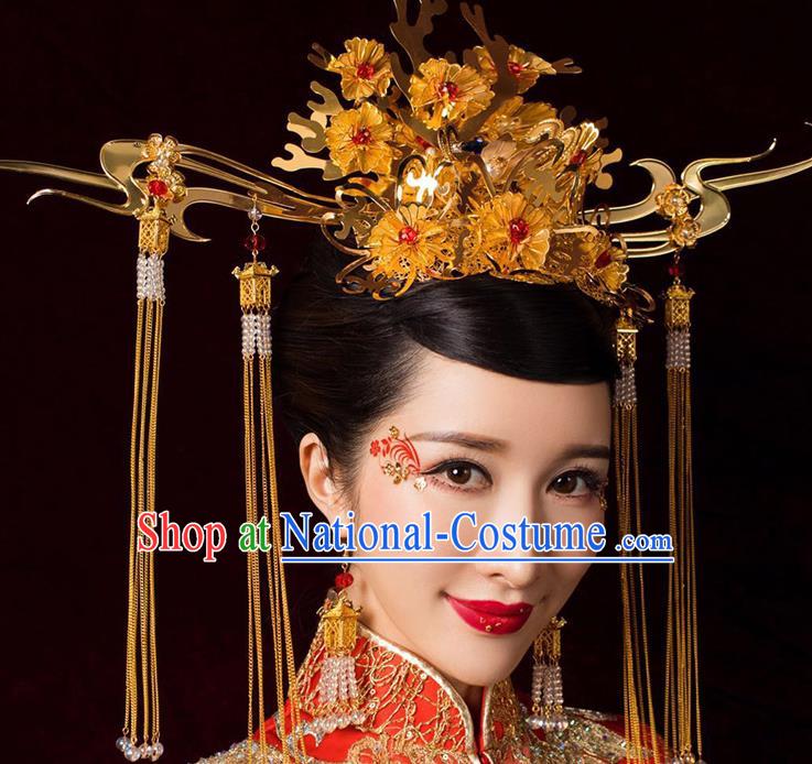 Chinese Ancient Handmade Bride Golden Phoenix Coronet Traditional Xiuhe Suit Hairpins Hair Accessories for Women