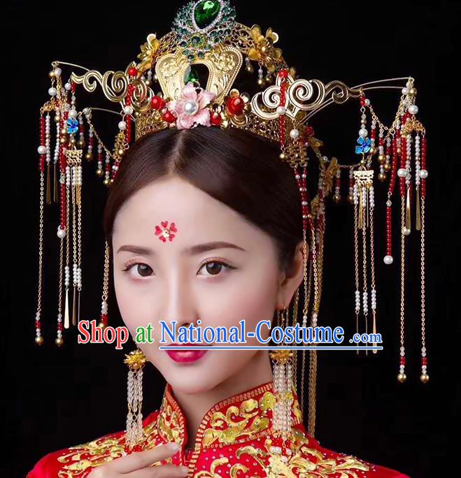 Chinese Ancient Handmade Green Crystal Phoenix Coronet Traditional Xiuhe Suit Hairpins Hair Accessories for Women