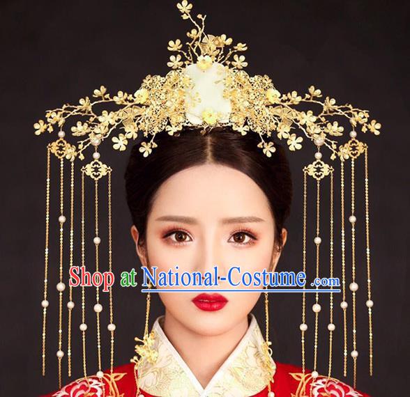 Chinese Ancient Handmade Jade Phoenix Coronet Traditional Xiuhe Suit Hairpins Hair Accessories for Women