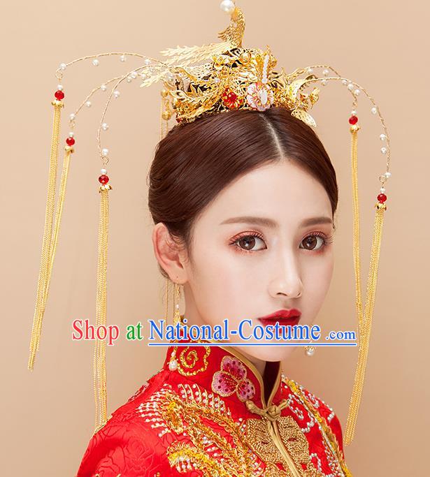 Chinese Ancient Handmade Golden Phoenix Coronet Tassel Hair Clips Traditional Hairpins Hair Accessories Complete Set for Women