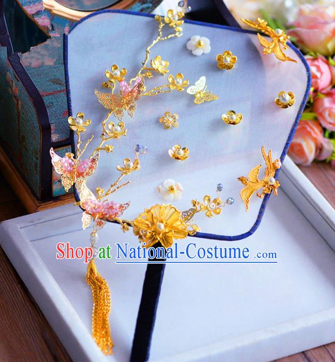 Chinese Handmade Wedding Accessories Golden Butterfly Palace Fans Hanfu Round Fans for Women