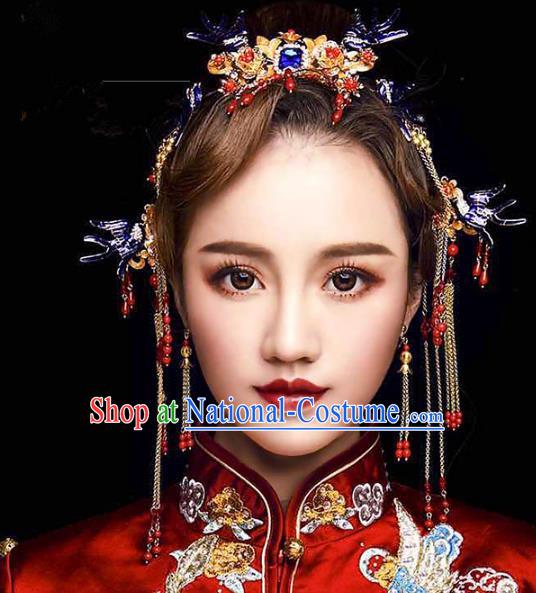 Chinese Ancient Handmade Palace Hair Accessories Cloisonne Tassel Hair Clips Traditional Hairpins Complete Set for Women