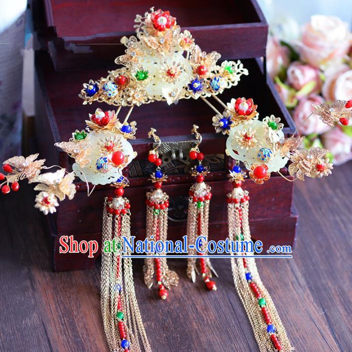 Chinese Ancient Handmade Palace Jade Phoenix Coronet Tassel Step Shake Hair Accessories Traditional Hairpins for Women