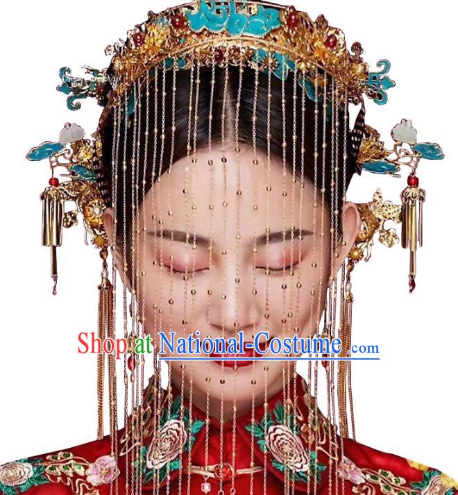 Chinese Ancient Handmade Palace Cloisonne Phoenix Coronet Tassel Step Shake Hair Accessories Traditional Hairpins for Women