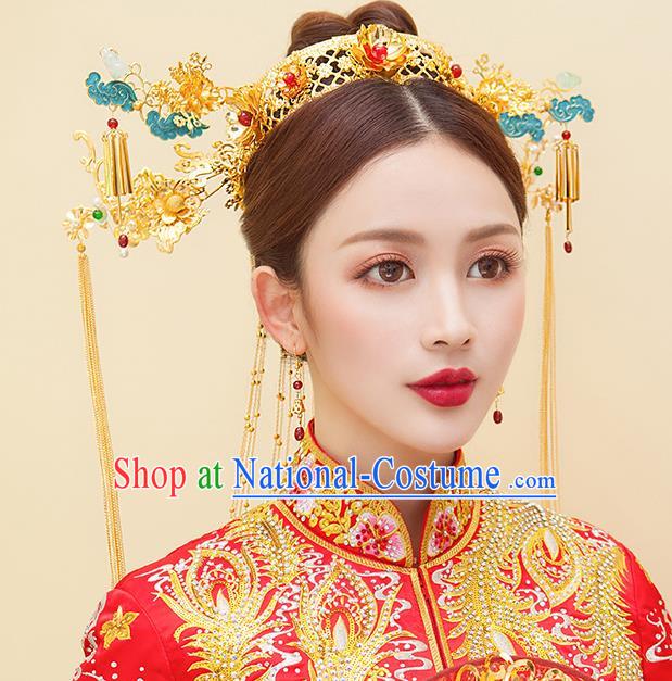 Chinese Ancient Handmade Palace Cloisonne Tassel Phoenix Coronet Step Shake Hair Accessories Traditional Hairpins for Women