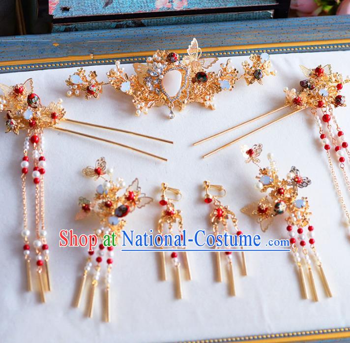 Chinese Ancient Handmade Palace Traditional Hair Accessories Xiuhe Suit Golden Hairpins Complete Set for Women