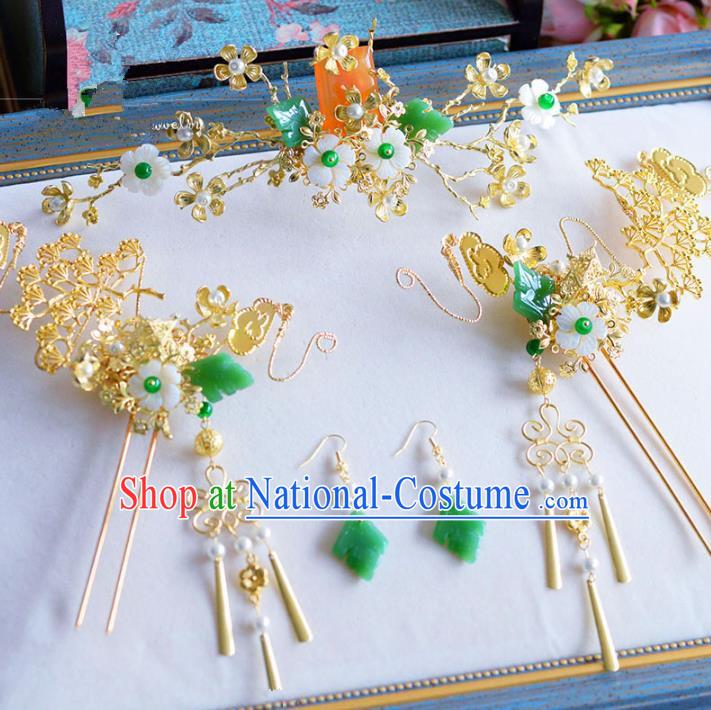 Chinese Ancient Handmade Palace Traditional Jade Hair Accessories Xiuhe Suit Golden Hairpins Complete Set for Women