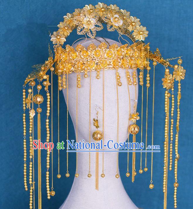 Chinese Ancient Handmade Palace Traditional Golden Phoenix Coronet Hair Accessories Xiuhe Suit Hairpins for Women