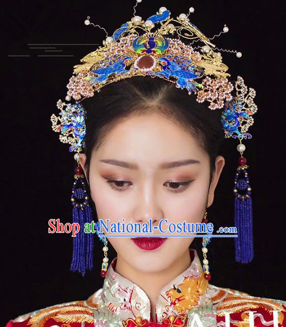 Chinese Ancient Handmade Palace Traditional Cloisonne Phoenix Coronet Hair Accessories Xiuhe Suit Hairpins for Women