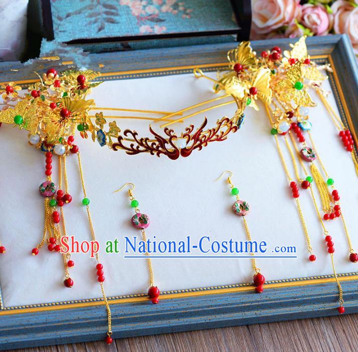 Chinese Ancient Handmade Palace Tassel Step Shake Traditional Hair Accessories Xiuhe Suit Hairpins for Women