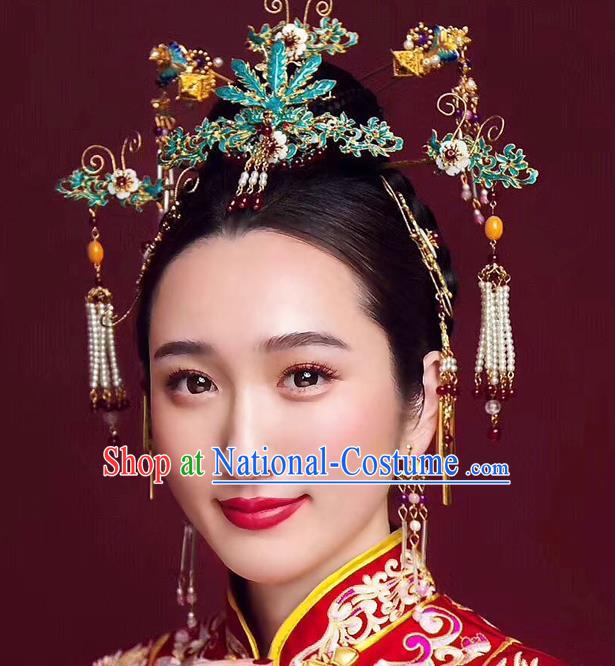 Chinese Ancient Handmade Palace Cloisonne Tassel Step Shake Traditional Hair Accessories Xiuhe Suit Hairpins for Women