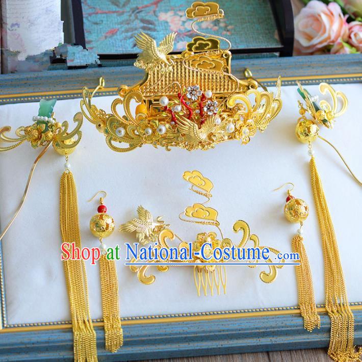 Chinese Ancient Handmade Palace Golden Hair Clips Traditional Hair Accessories Xiuhe Suit Hairpins for Women