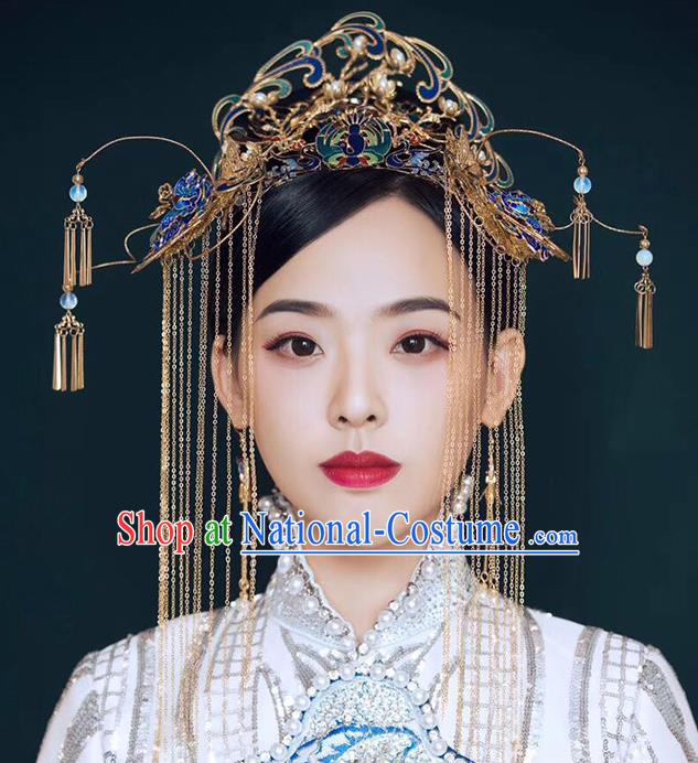 Chinese Ancient Handmade Cloisonne Phoenix Coronet Hair Clips Traditional Hair Accessories Xiuhe Suit Hairpins for Women