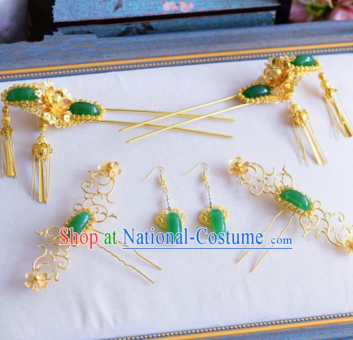 Chinese Ancient Handmade Palace Jade Hair Clips Traditional Hair Accessories Xiuhe Suit Hairpins for Women