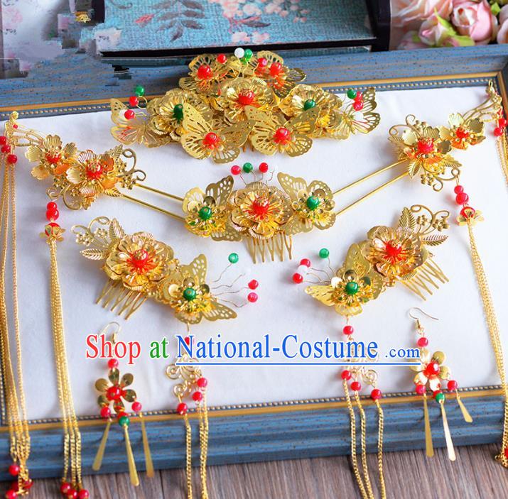 Chinese Ancient Handmade Golden Hair Combs Traditional Hair Accessories Xiuhe Suit Hairpins for Women