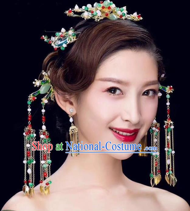 Chinese Ancient Handmade Jade Phoenix Coronet Traditional Hair Accessories Xiuhe Suit Hairpins for Women