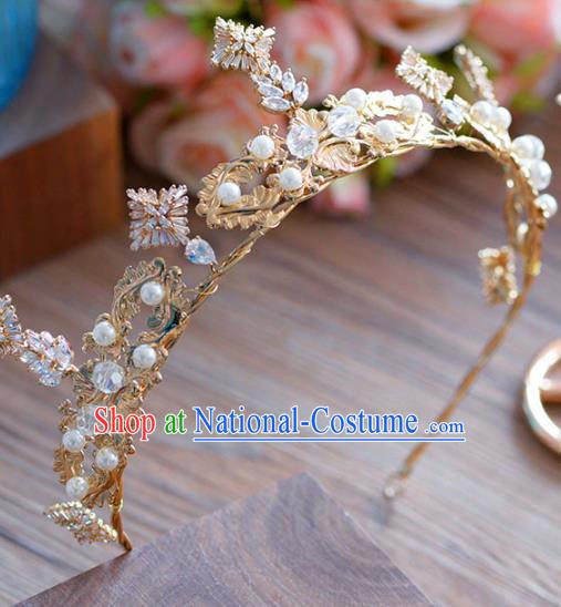 Top Grade Handmade Baroque Zircon Hair Accessories Princess Golden Pearls Royal Crown Headwear for Women